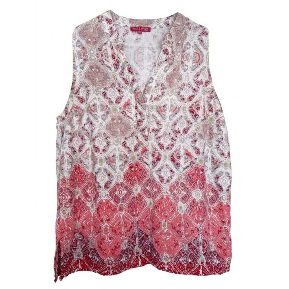 Rose & Thyme 1X Linen Blend Geometric Print Henley Sleeveless Blouse
